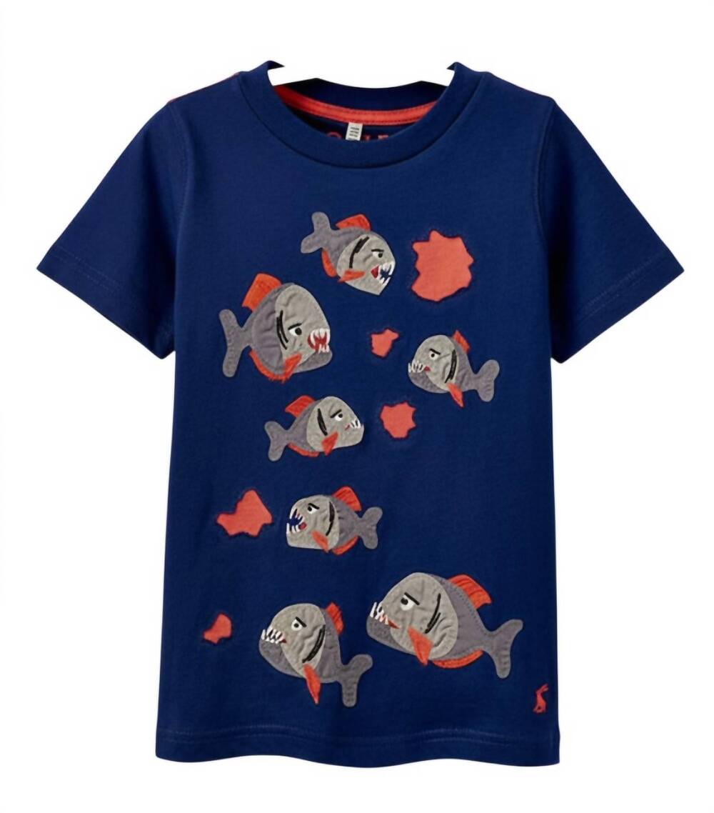 NEW JOULES kids piranha bite applique t-shirt in blue
